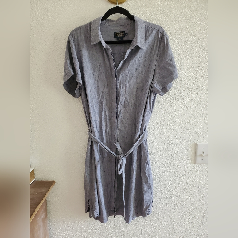 Pendelton Buttondown Shirt Dress Belted Linen Blend Size 16